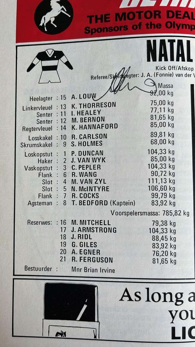 1976 Natal vs All Blacks at Kings Park Signed Programme, details below