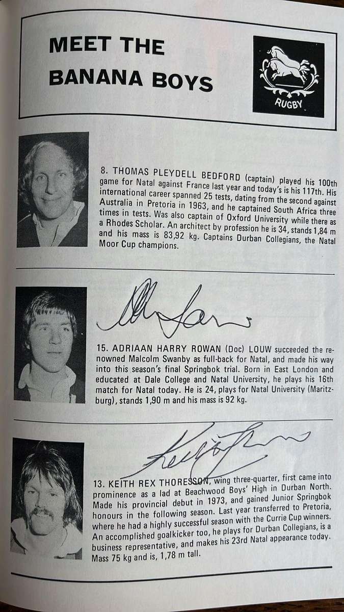 1976 Natal vs All Blacks at Kings Park Signed Programme, details below