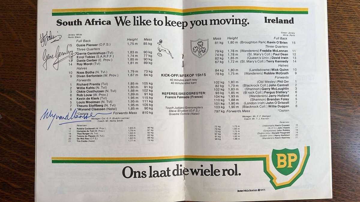1981 South Africa vs Ireland at Kings Park Signed Programme & Irish Pin, details below