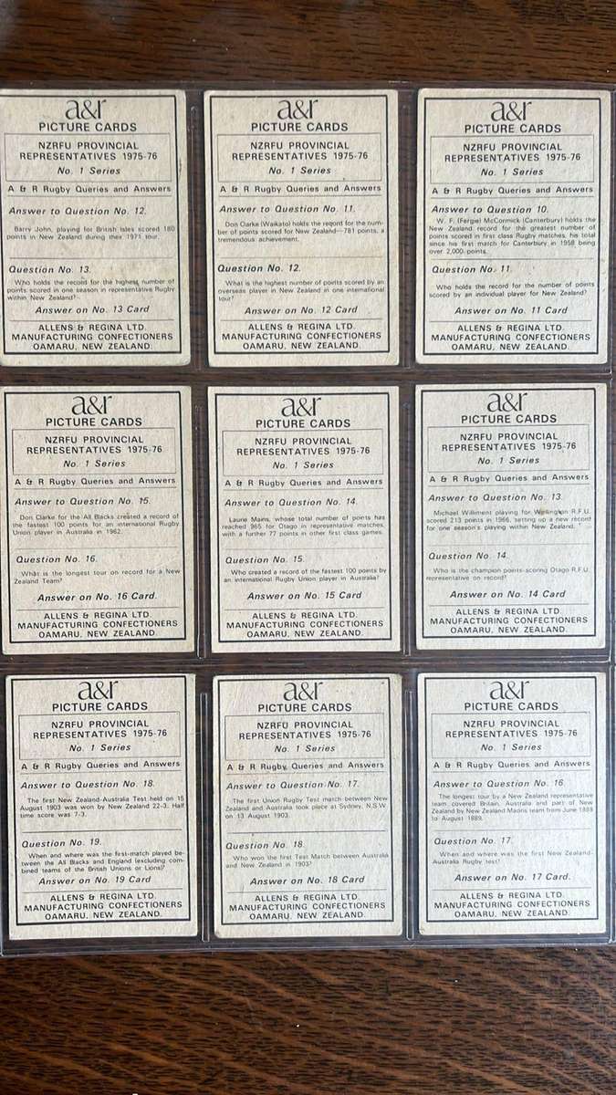 1975 New Zealand Rugby Union Cards, Complete Set, details below