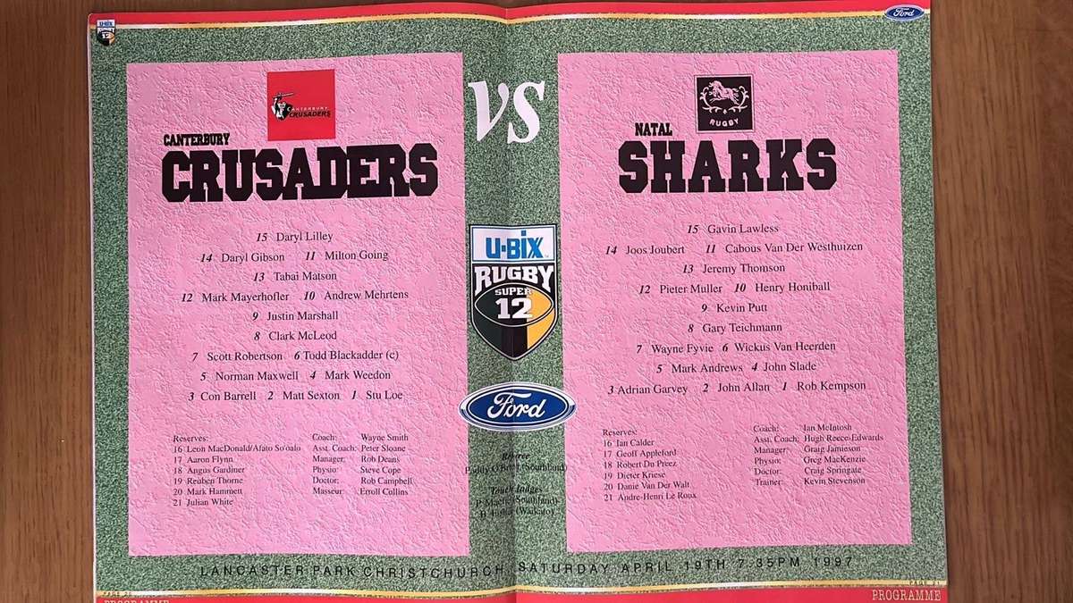 1997 Crusaders vs Sharks at Lancaster Park Programme, details below