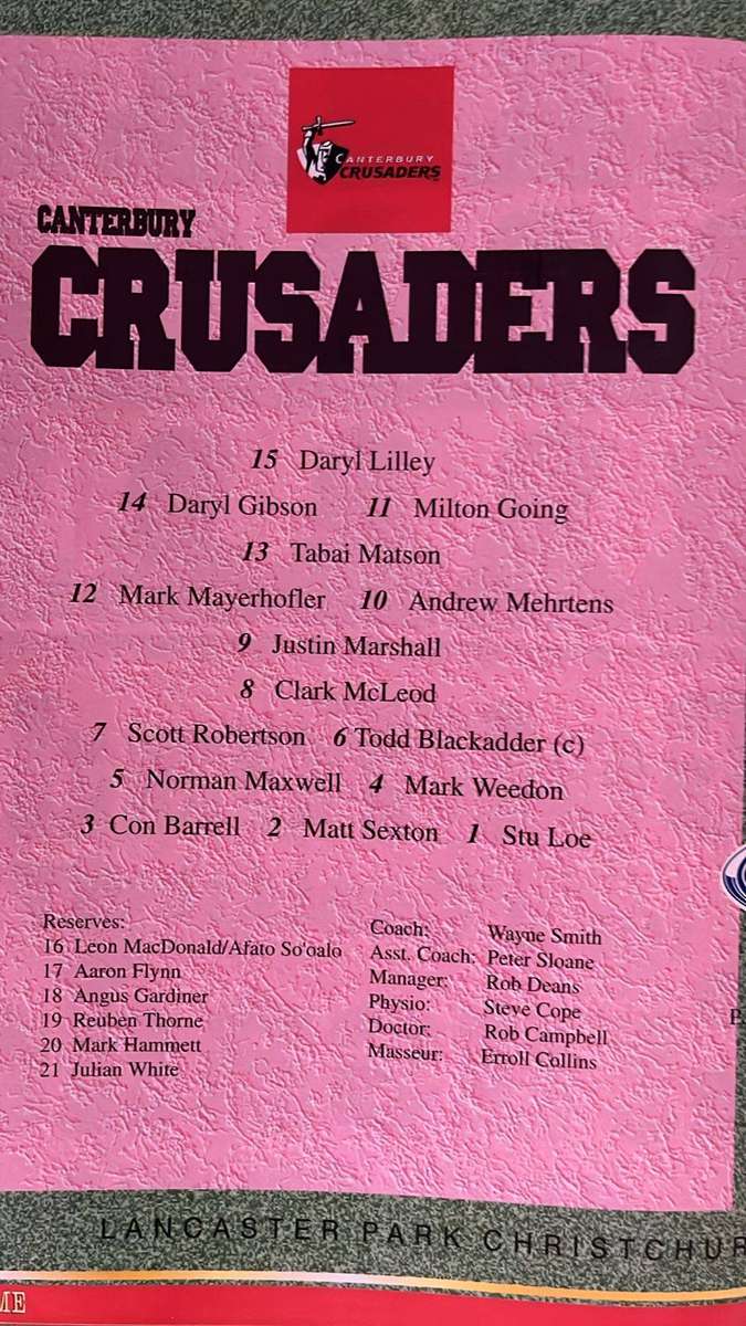 1997 Crusaders vs Sharks at Lancaster Park Programme, details below