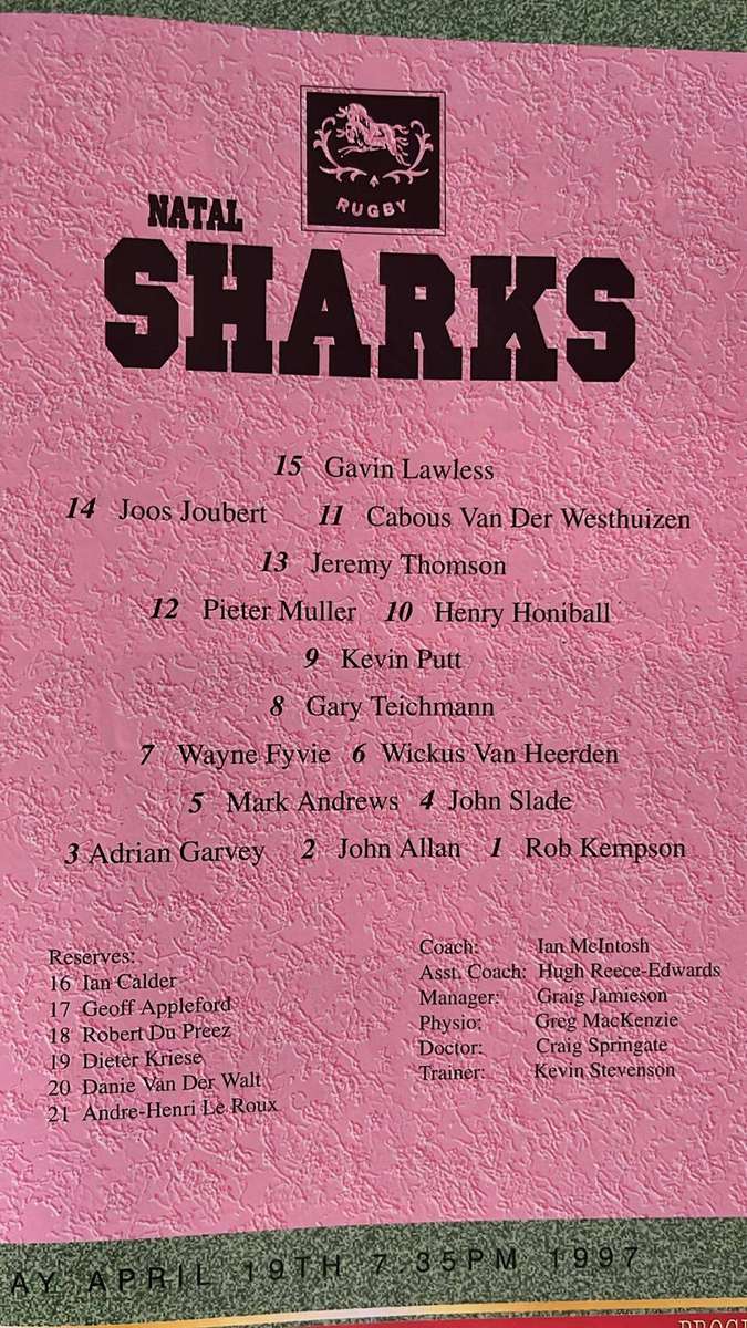 1997 Crusaders vs Sharks at Lancaster Park Programme, details below