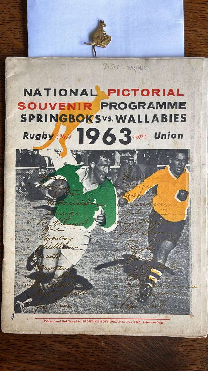 1963 Springboks vs Wallabies Pictorial Souvenir Programme, Signed & Pin, details below