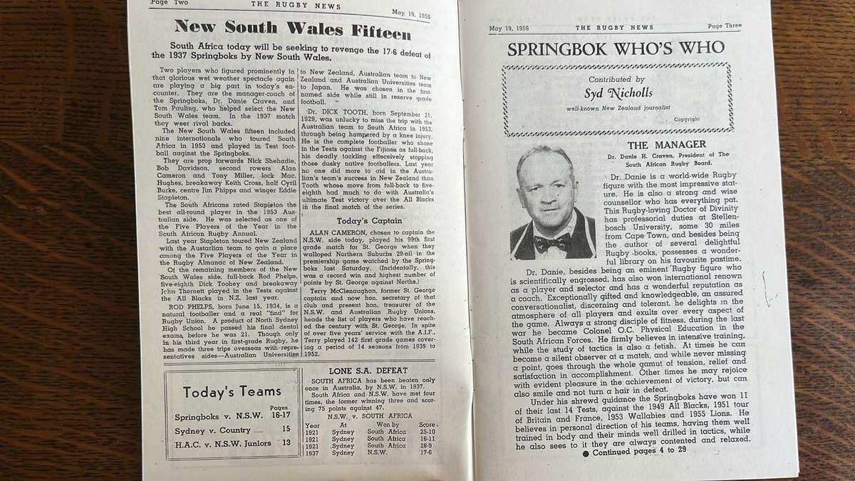1956 Springboks vs New South Wales Programme, details below