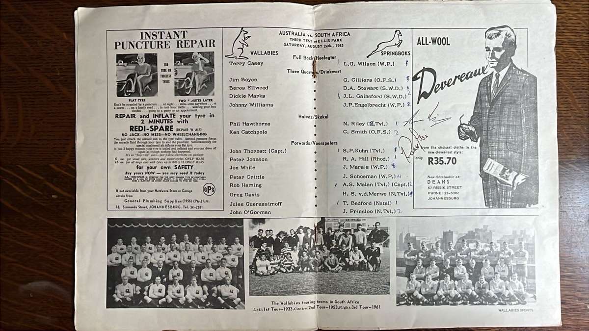 1963 Springboks vs Wallabies Pictorial Souvenir Programme, Signed & Pin, details below