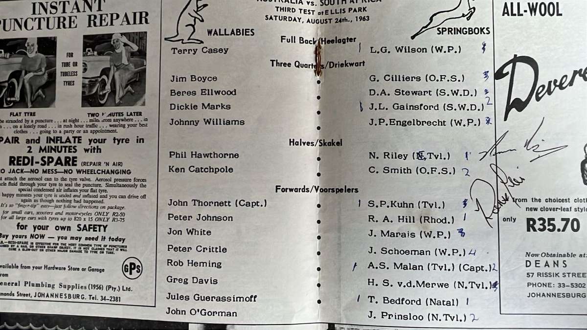 1963 Springboks vs Wallabies Pictorial Souvenir Programme, Signed & Pin, details below