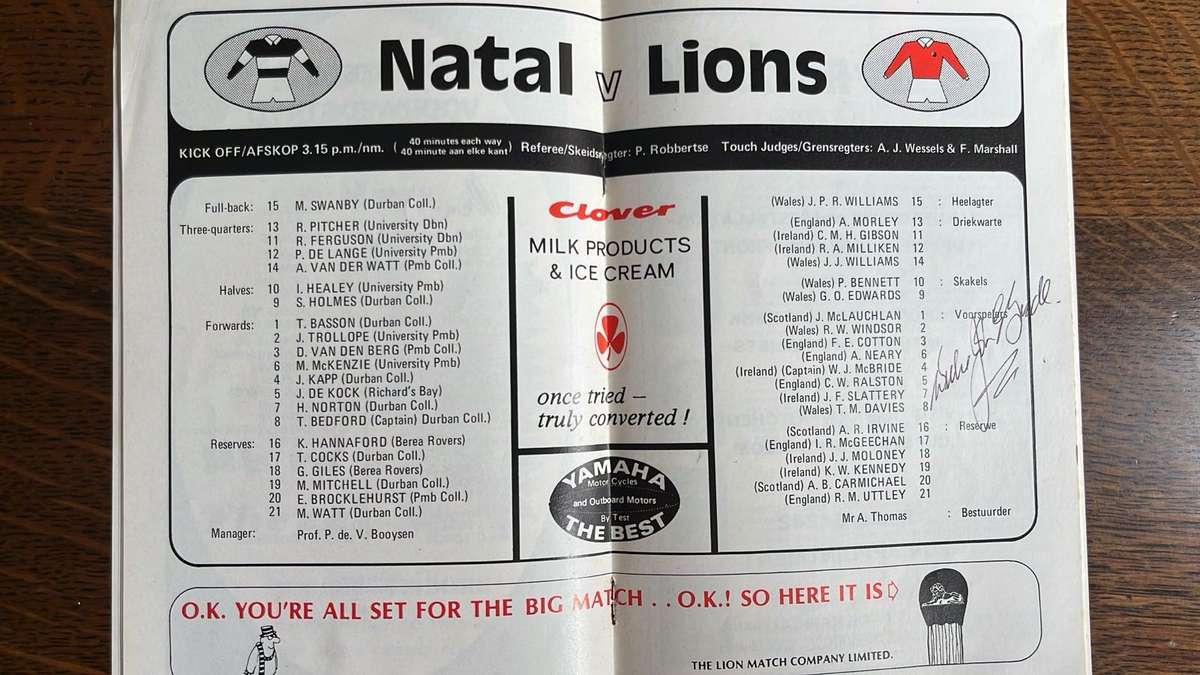 1974 Natal vs British Isles Signed Programme and Pin, details below