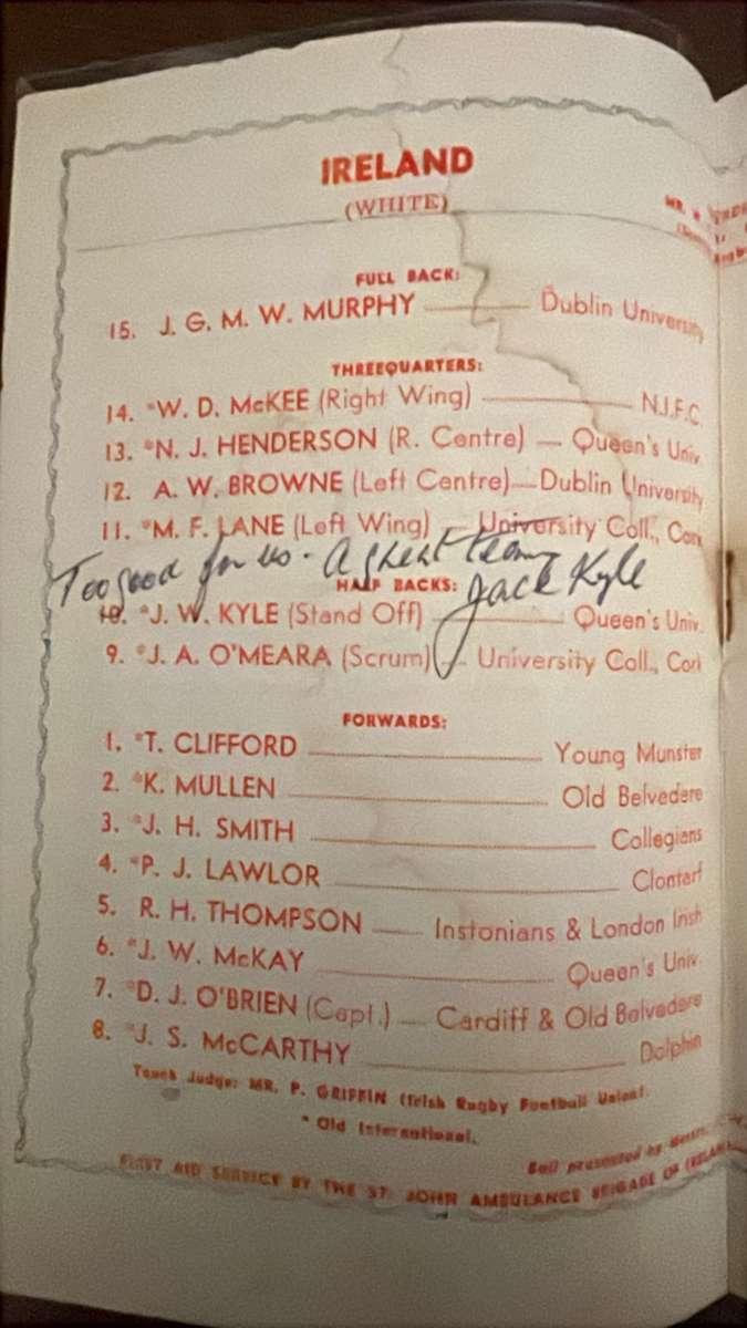 1951 Ireland vs South Africa at Lansdowne Signed & Inscribed Programme, details below