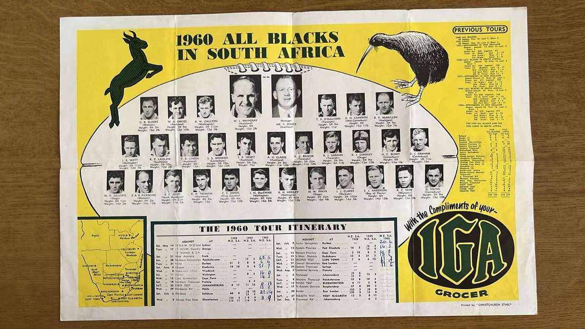 1960 All Blacks in South Africa Itinerary Poster, details below
