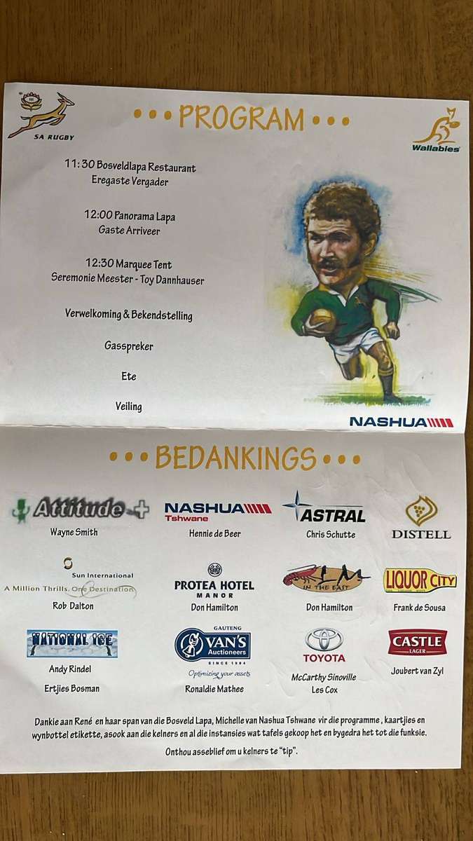 2010 Tribute to Nic Bezuidenhout Signed Programme, details below