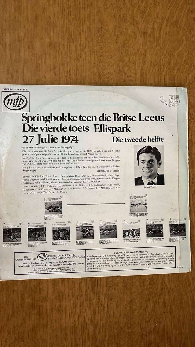 1974 Springbokke teen die Brits Leeus 4th Test Vinyl LP, details below