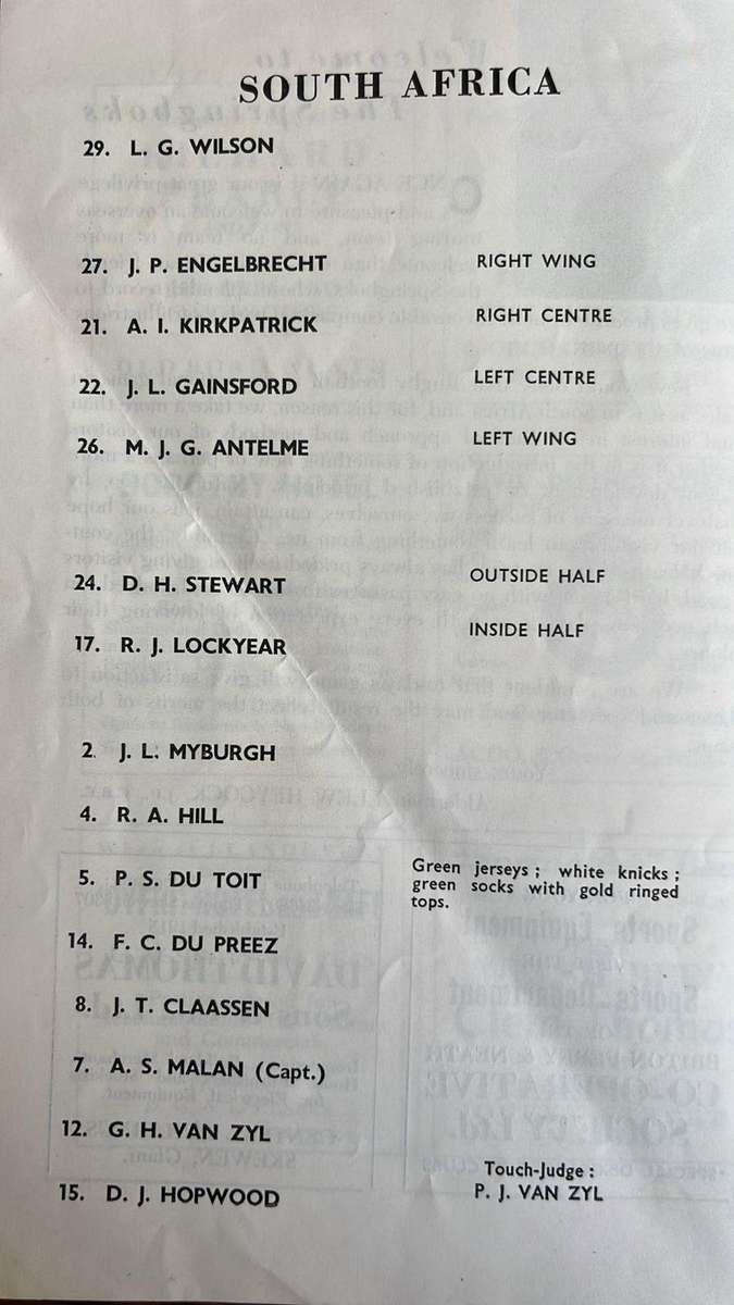 1961 South Africa vs Neath & Aberavon at Gnoll Ground Programme & Signatures, details below