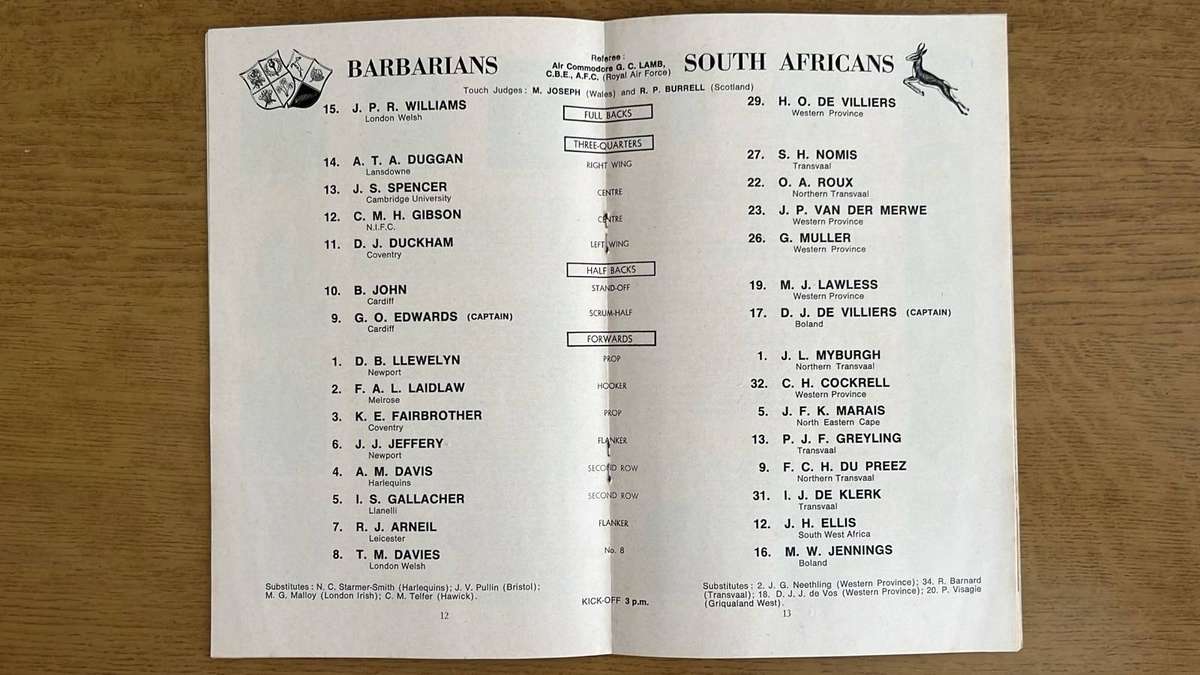 1970Barbarians vs South Africa at Twickenham Signed Programme, details below