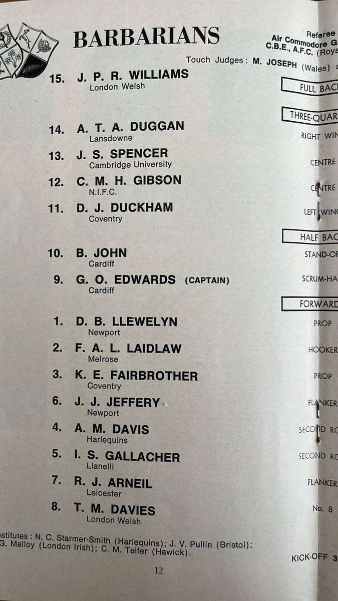 1970Barbarians vs South Africa at Twickenham Signed Programme, details below