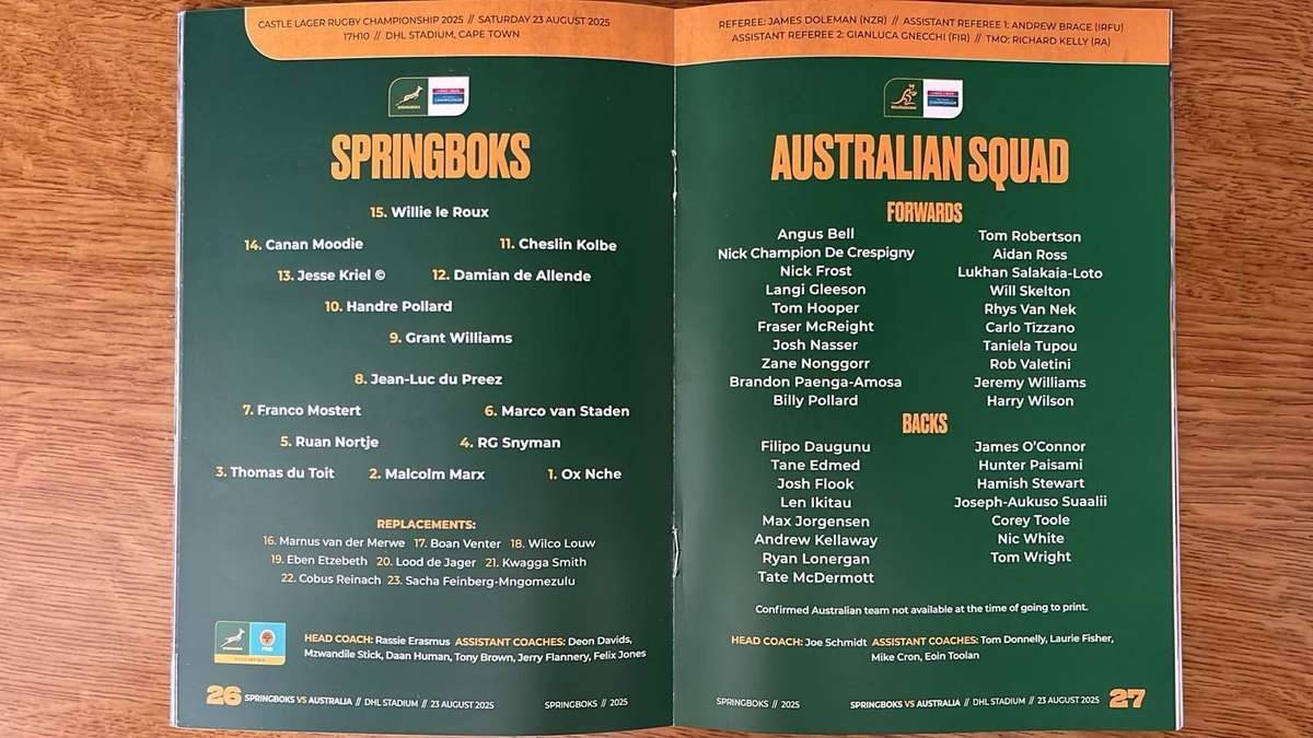2025 Springboks vs Australia at Cape Town Stadium Programme, details below