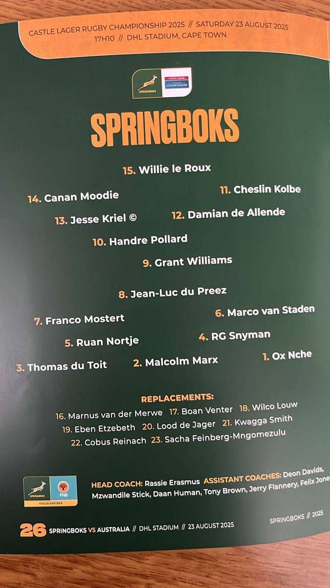 2025 Springboks vs Australia at Cape Town Stadium Programme, details below