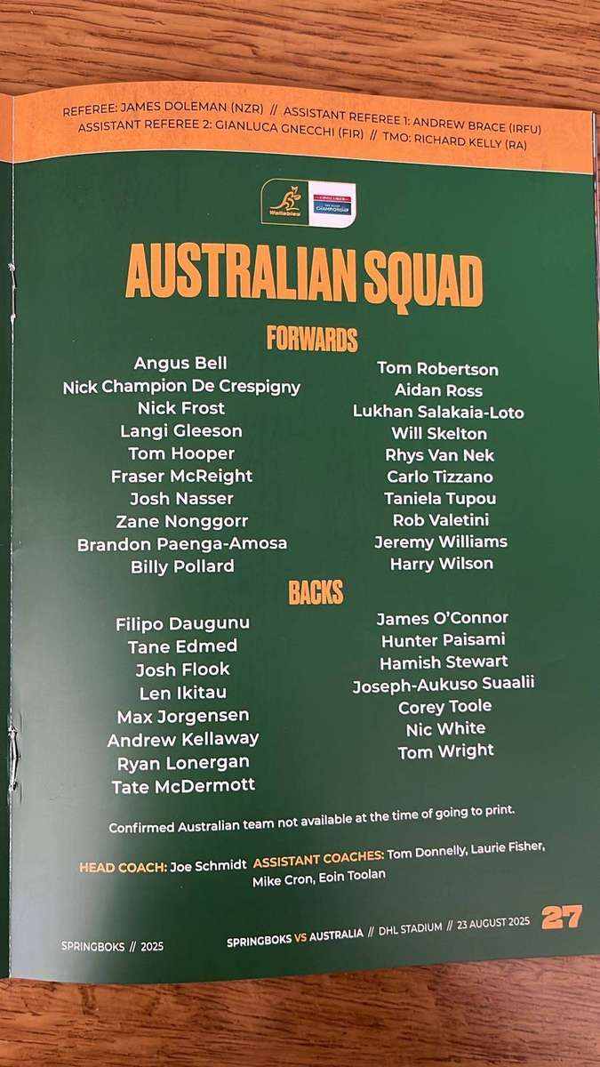 2025 Springboks vs Australia at Cape Town Stadium Programme, details below