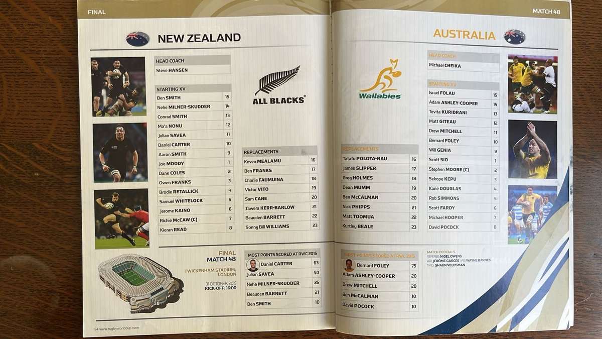 2015 RWC Final New Zealand vs Australia Programme & Pin, details below