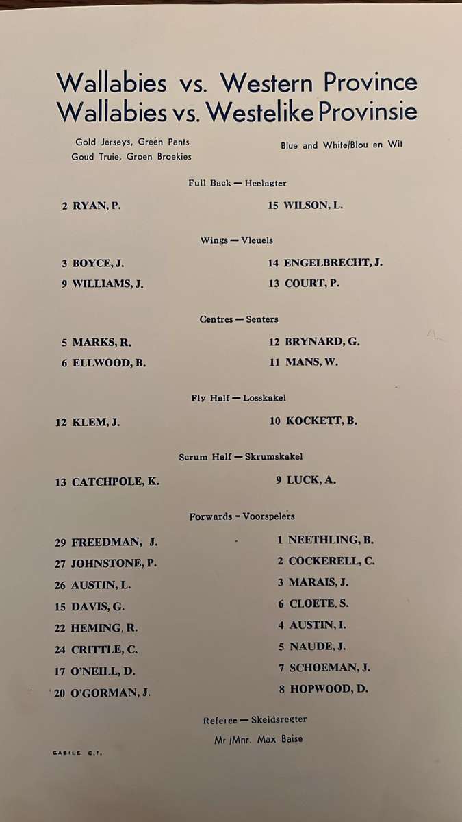 1963 Western Province  vs Wallabies at Newlands, Multiple Signatures Programme, details below