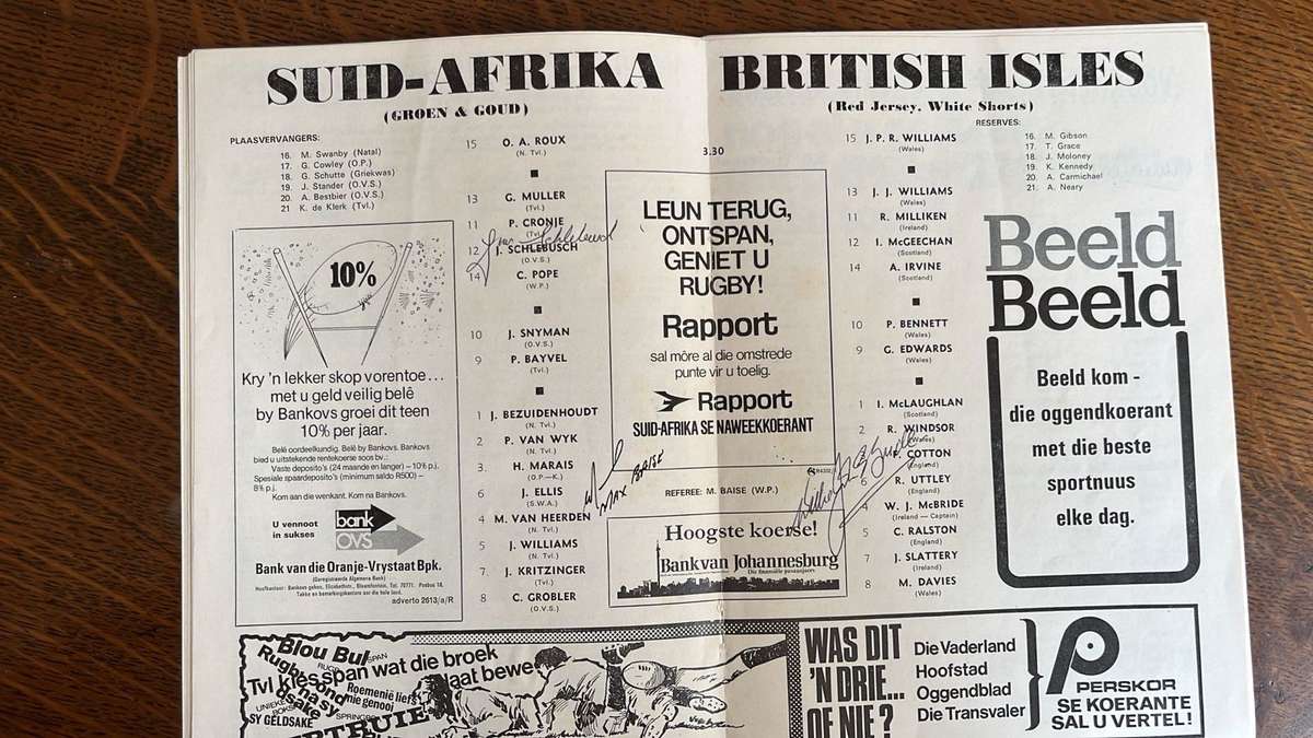 1974 South Africa vs British Isles 4th Test at Ellis Park Signed Programme, details below