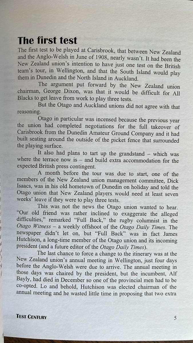 Test Century-100 Years of Test Rugby Between New Zealand & South Africa at Carisbrook, details below
