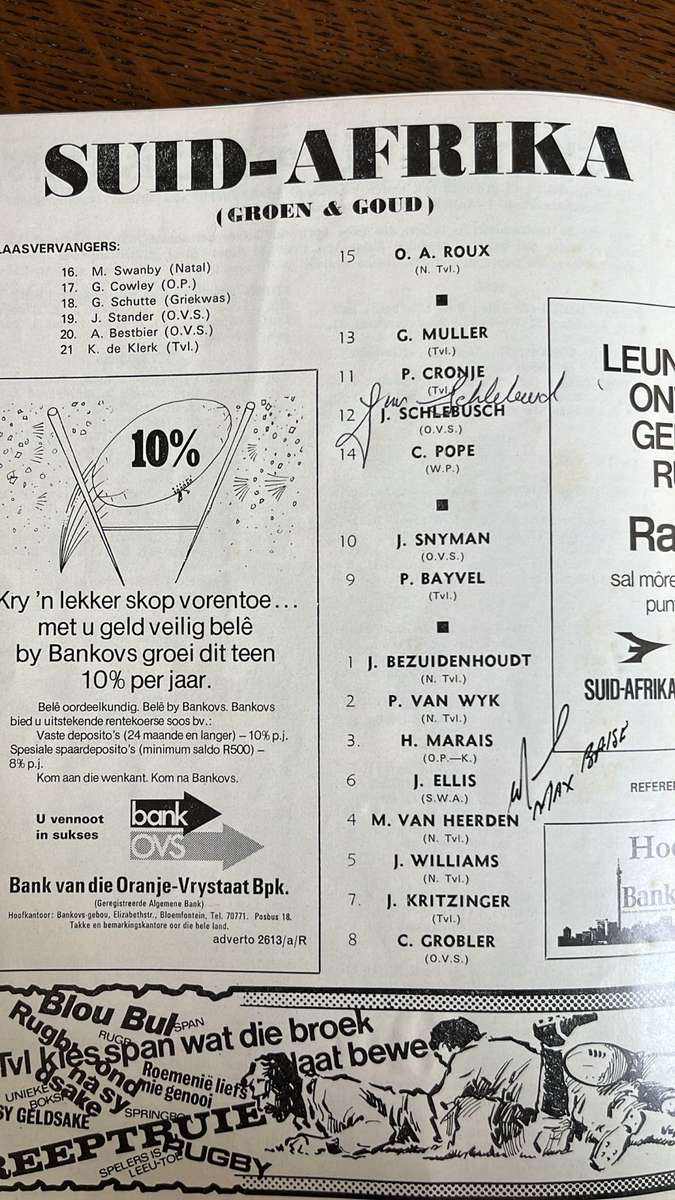 1974 South Africa vs British Isles 4th Test at Ellis Park Signed Programme, details below