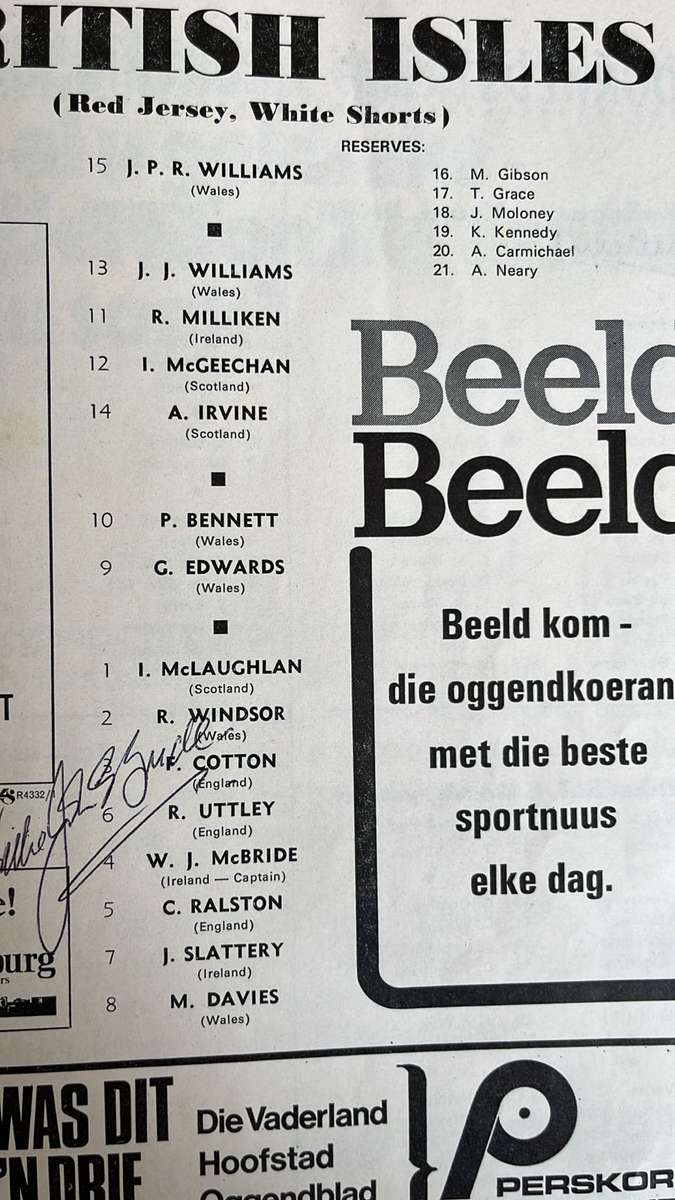 1974 South Africa vs British Isles 4th Test at Ellis Park Signed Programme, details below