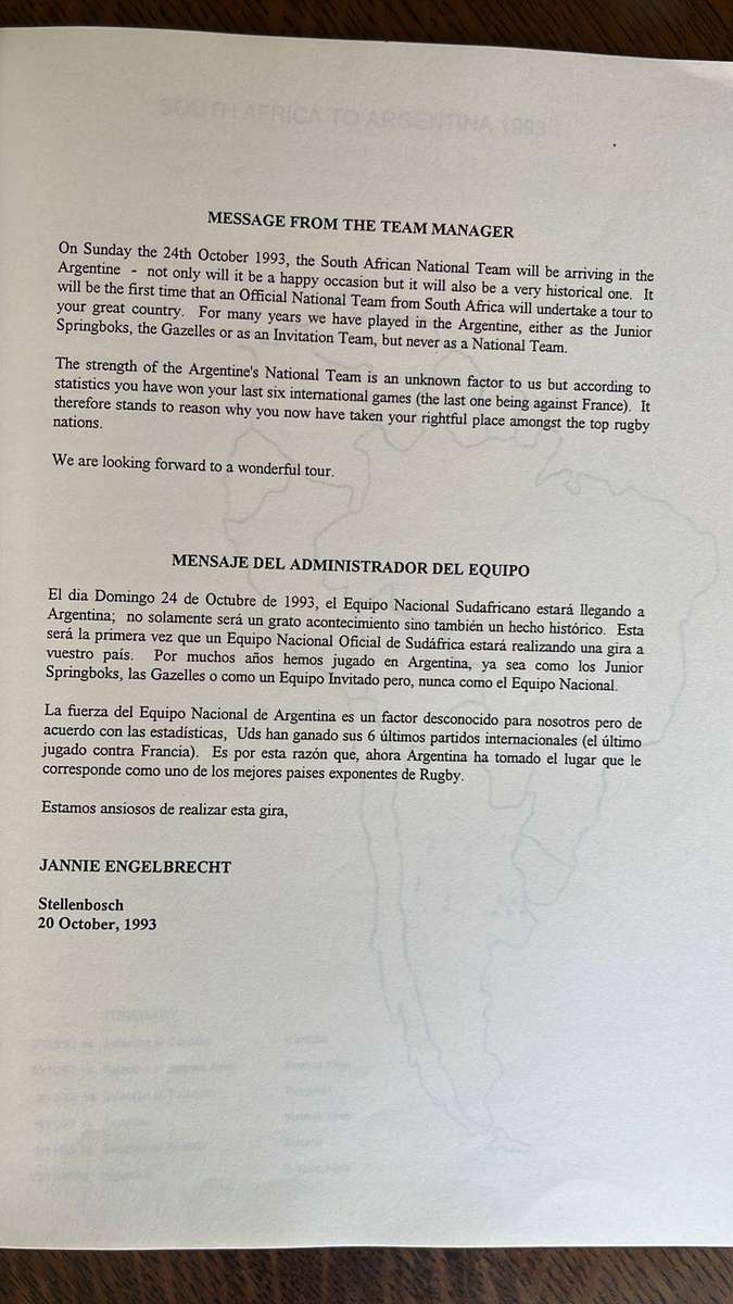 1993 Springbok Tour to Argentina Tour Details, details below