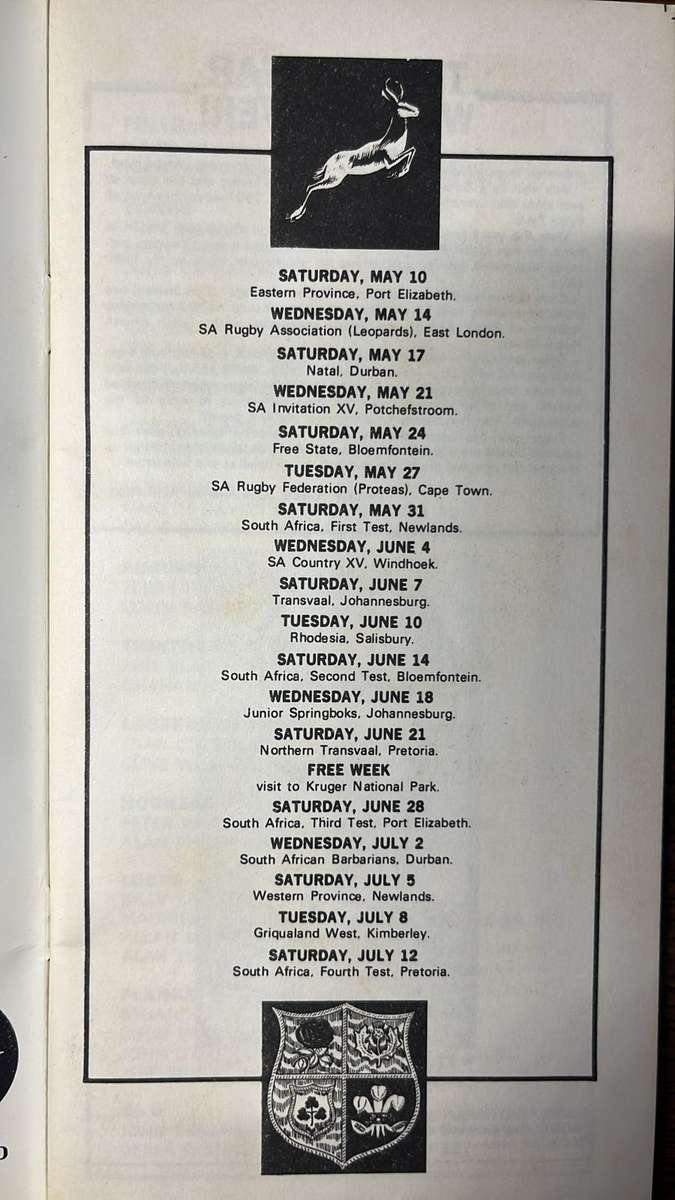 1980 British Lions Tour to South Africa Souvenir & Itinerary, details below