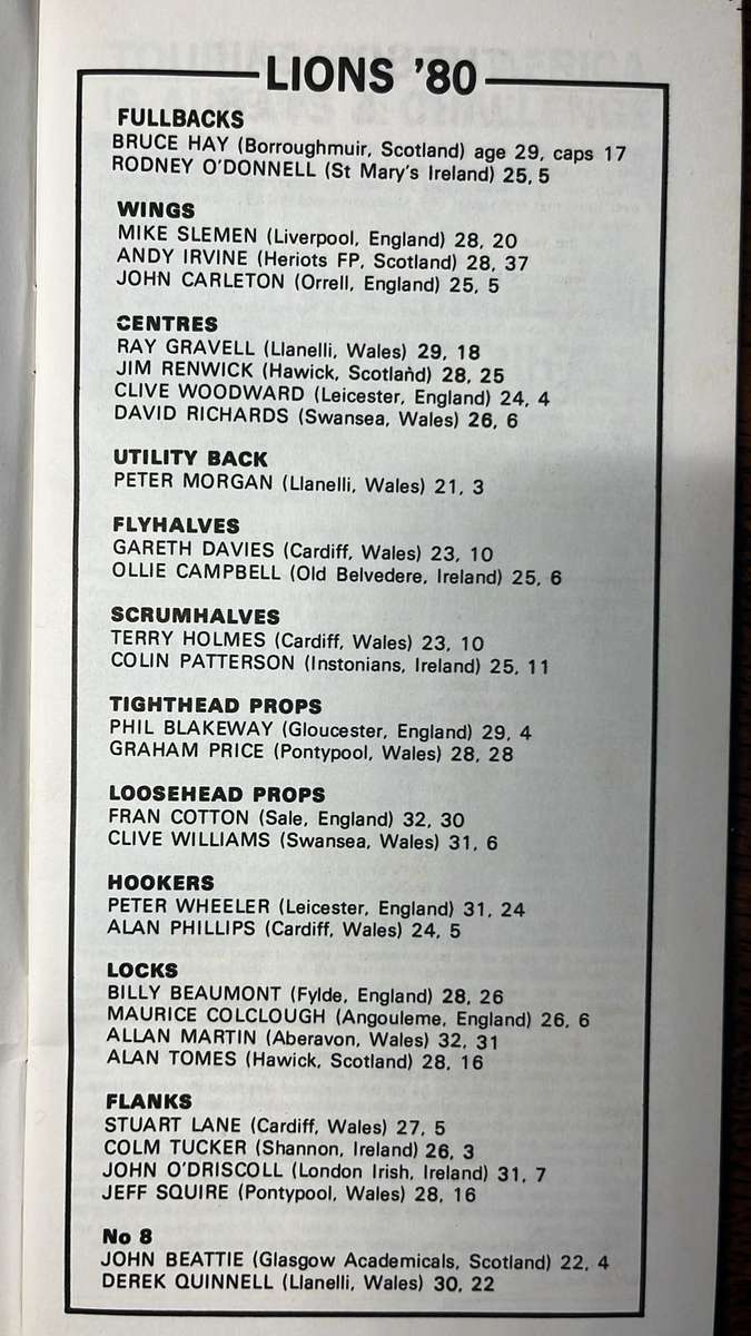 1980 British Lions Tour to South Africa Souvenir & Itinerary, details below