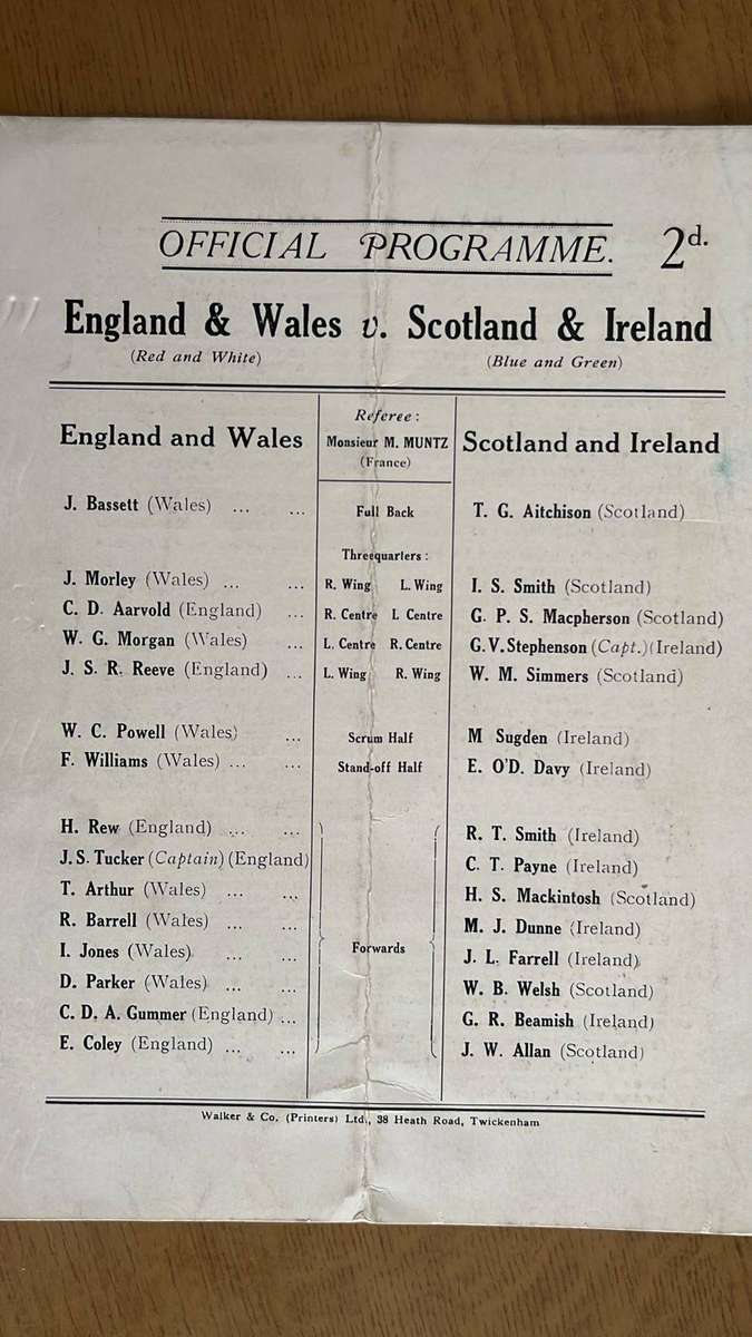 1929 Memorial Match - England & Wales vs Scotland & Ireland Programme, details below