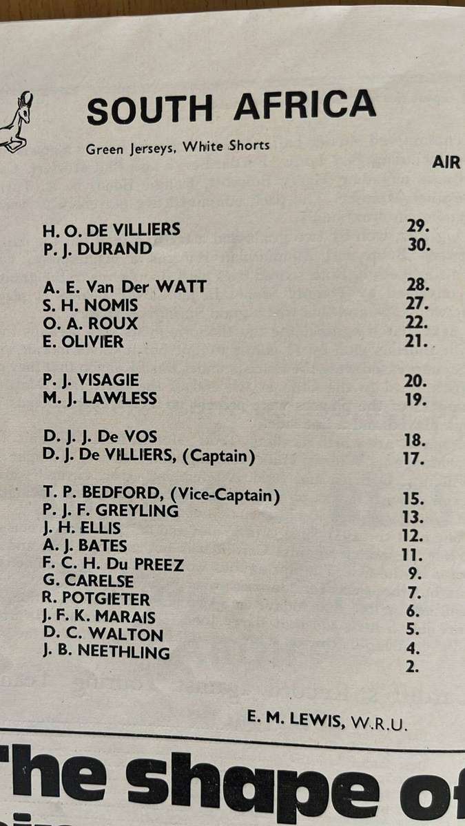 1969 Cardiff vs South Africa at Cardiff Arms Signed Programme, details below