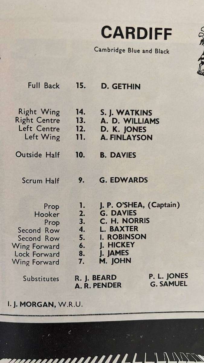 1969 Cardiff vs South Africa at Cardiff Arms Signed Programme, details below