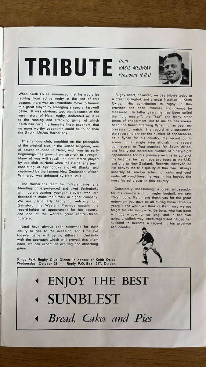 1967 Keith Oxlee Farewell Match - Natal vs Barbarians at Kings Park Programme, Signed, details below