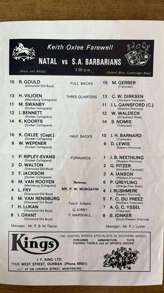 1967 Keith Oxlee Farewell Match - Natal vs Barbarians at Kings Park Programme, Signed, details below