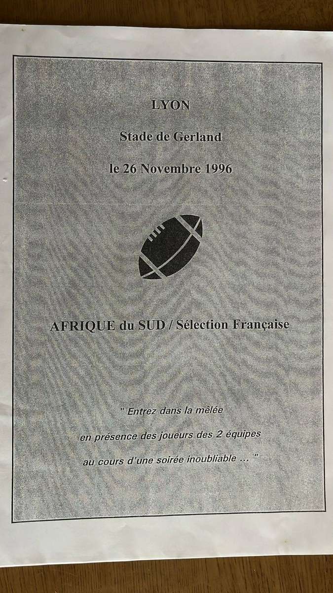 1996 South Africa vs Selection Française-Invitation from the President of Lyons Rugby, details below