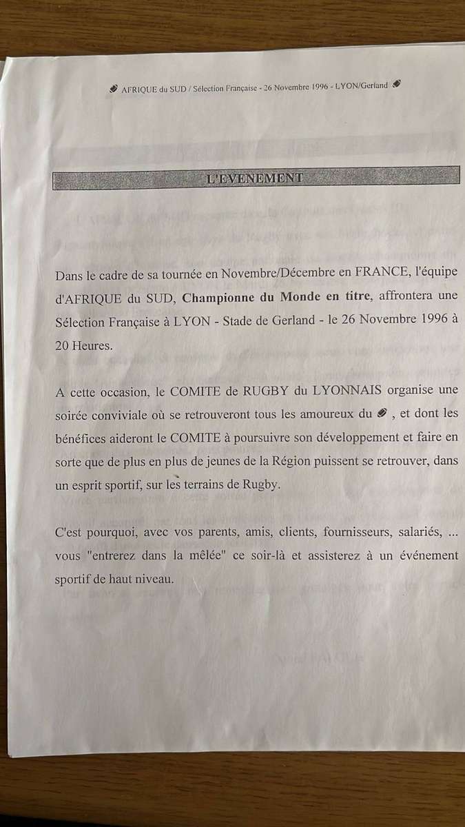 1996 South Africa vs Selection Française-Invitation from the President of Lyons Rugby, details below
