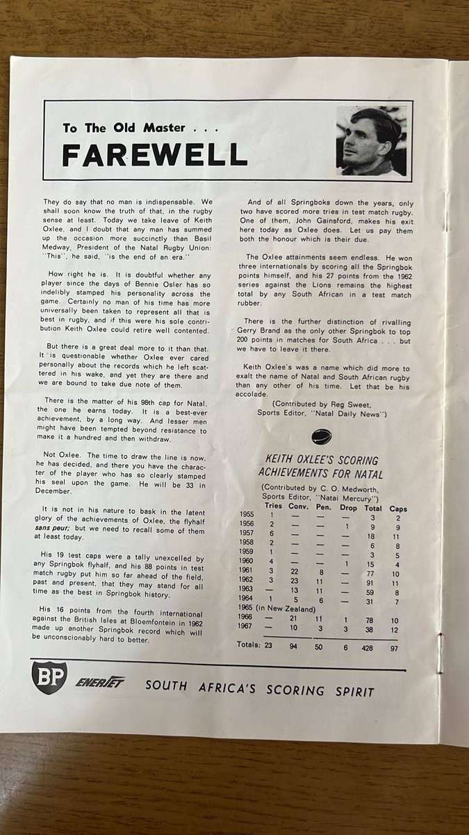 1967 Keith Oxlee Farewell Match - Natal vs Barbarians at Kings Park Programme, Signed, details below