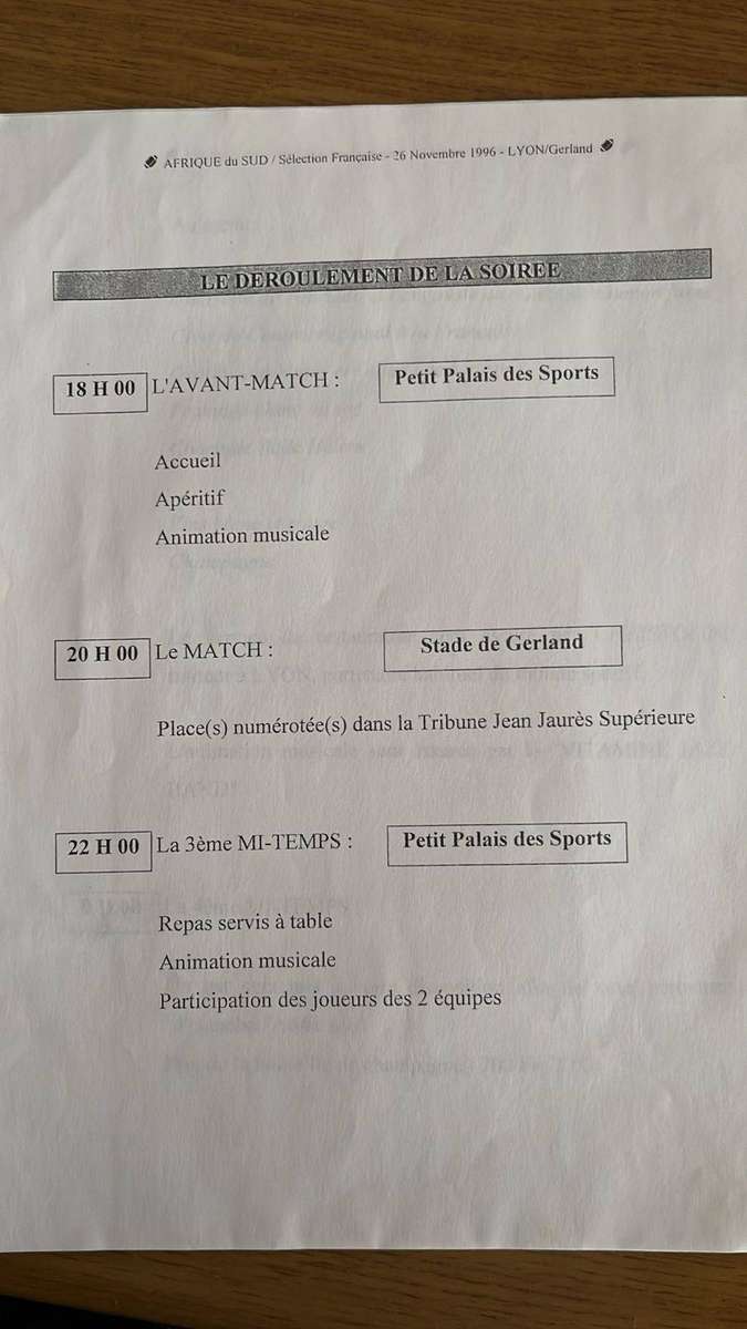 1996 South Africa vs Selection Française-Invitation from the President of Lyons Rugby, details below