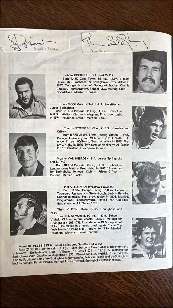 1977 South Africa vs World XV At Loftus Versveld Signed Programme, details below