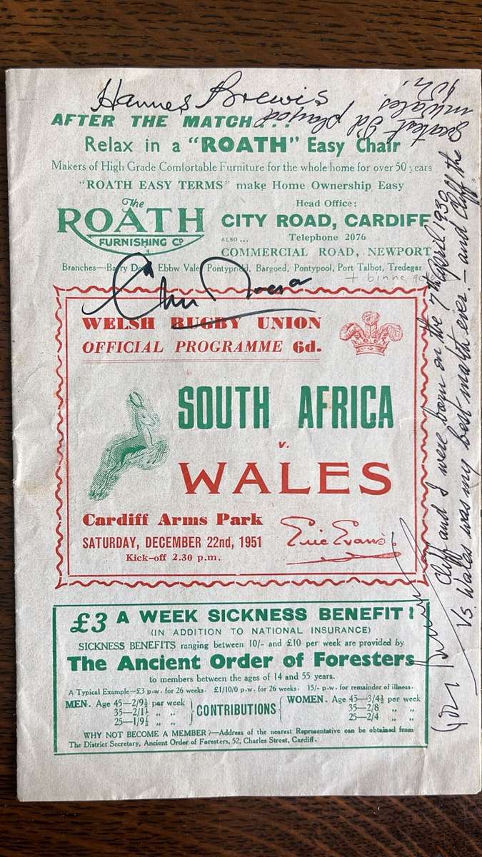 1951 South Africa vs Wales Signed & Inscribed Programme, details below