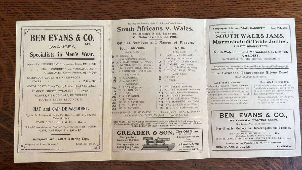 1906 South Africa vs Wales in Swansea Programme, details below