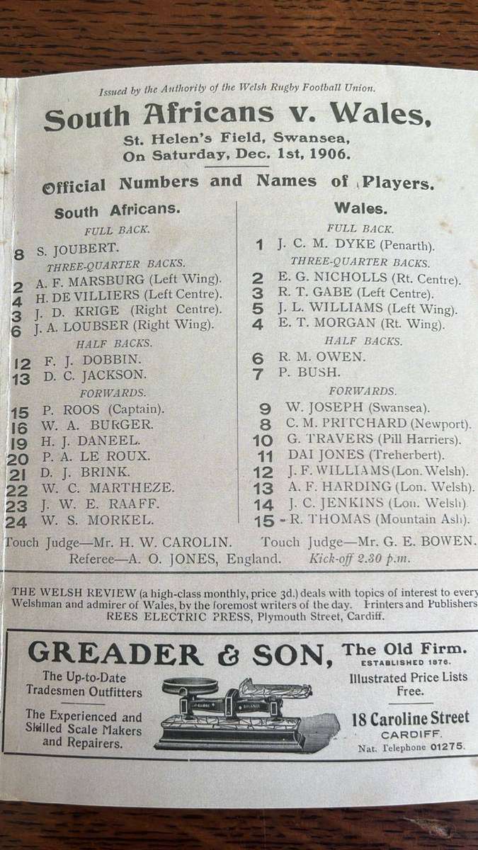 1906 South Africa vs Wales in Swansea Programme, details below