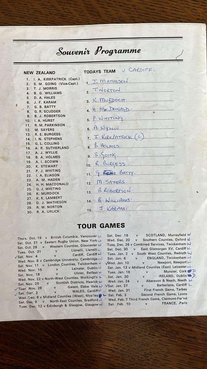 1972 The All Blacks vs Cardiff Programme, details below