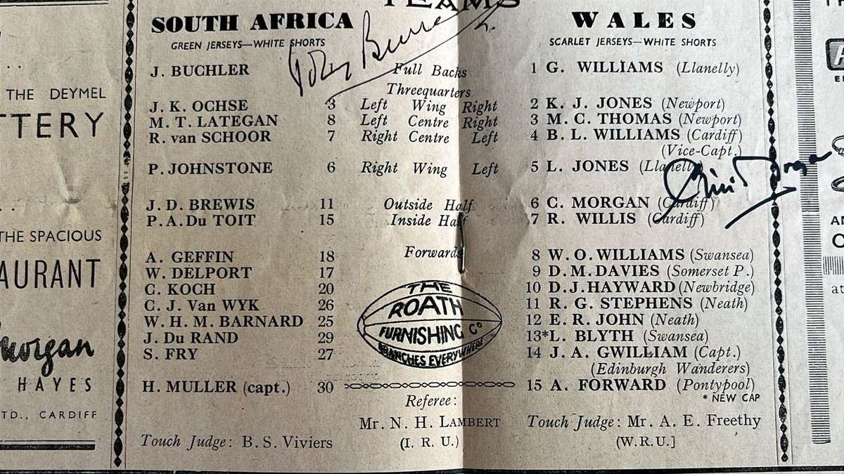 1951 South Africa vs Wales Signed & Inscribed Programme, details below