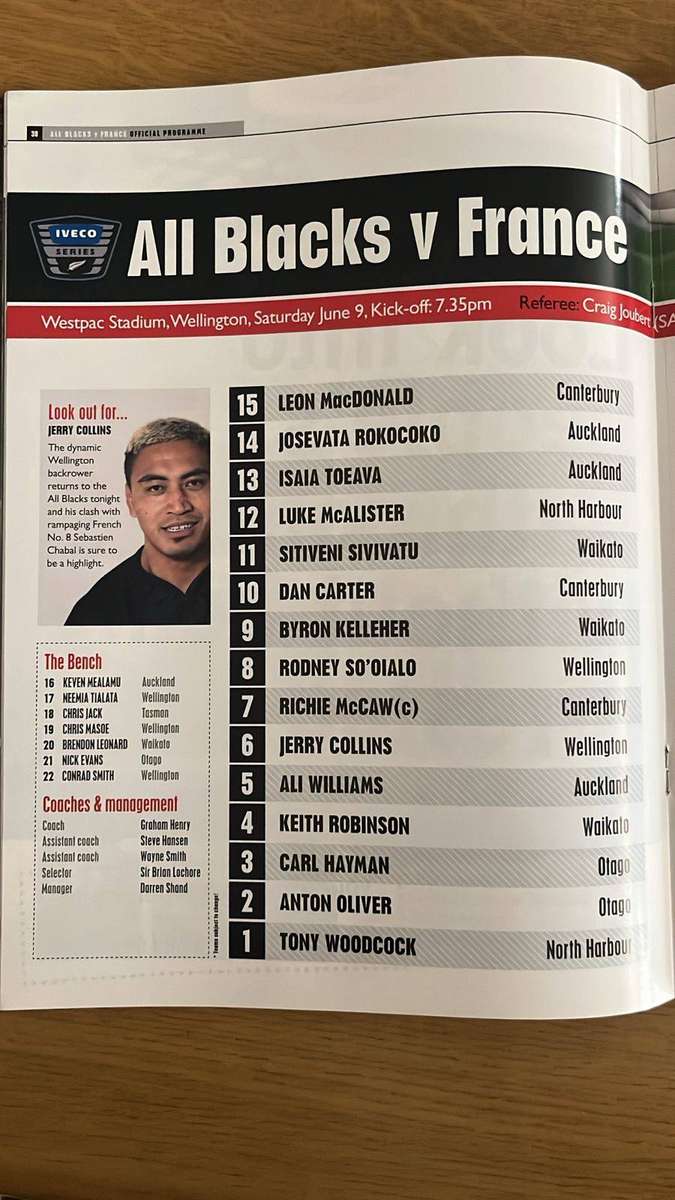 2007 All Blacks vs France in Wellington Programme, details below