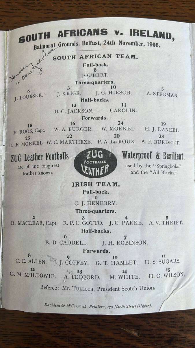 1906 South Africa vs Ireland Programme, details below