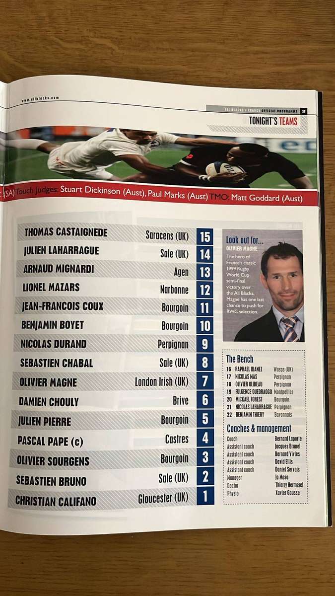 2007 All Blacks vs France in Wellington Programme, details below