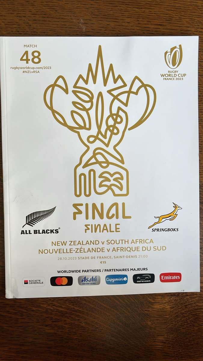 2023 RWC Final New Zealand vs South Africa Programme & Pin, details below